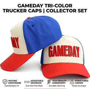 Casquette de baseball personnalisée pour le jour du match, faible MOQ, OEM ODM, rouge, broderie 3D en relief, blocs de couleurs tricolores, structurée, 5 panneaux - Product Image 1
