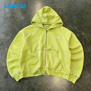 Lancai OEM Zip éponge française personnalisé surdimensionné Boxy Fit Streetwear 420 Gsm hommes fermeture éclair poids lourd strass fermeture éclair à capuche - Product Image 1