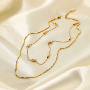 Simple 18K chapado en oro pequeño cubo collar femenino de acero inoxidable de doble capa ovalada bola cuentas cadena gargantilla collar - Product Image 3