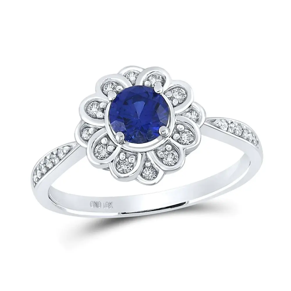 10K white gold ladies lab grown sapphire daily wear ring 6.5mm round royal blue sapphire fashion gemstone ring
