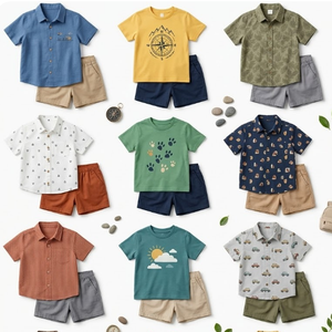 Lote de Liquidación al por Mayor de Excedentes de Stock: Conjuntos de Verano de Algodón para Niños con Patrones Mixtos, Pantalones Cortos Transpirables para Campamento y Actividades al Aire Libre - Product Image 1