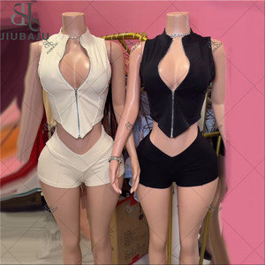 Completo Casual da <span class=keywords><strong>Donna</strong></span> in Due Pezzi, Top Corto Senza Maniche con Logo Personalizzato e <span class=keywords><strong>Pantaloncini</strong></span> a Vita Alta - Product Image 2