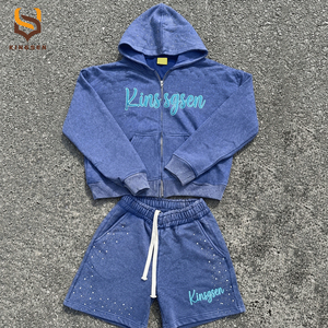 Custom Acid Wash <b>Hoodie</b> <b>Shorts</b> <b>Set</b> <b>Men</b> Screen Print Sweatpants Tracksuit Vintage Sports Streetwear Heavyweight Zipper <b>Hoodie</b> - Product Image 2