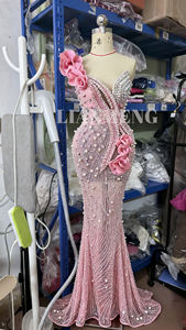 Gaun Malam Mermaid Mewah LM A795 Berhias Kristal Pink dengan Rumbai, Gaun Formal Satu Bahu untuk Pesta Pernikahan - Product Image 2