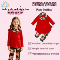 3-delige herfst-winteroutfit voor meisjes Effen rode tuniek met hoge en lage taille, bloemenlegging, bijpassende oneindigheidssjaal, kinderboetiek, vakantiekleding