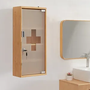 Armoire de rangement médicale élégante à 4 niveaux en bambou, à fixation murale, avec serrure, pour un stockage sûr des médicaments, pour la salle de bain ou la maison - Product Image 1