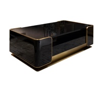 Table d'appoint élégante en bois massif noir brillant avec cadre doré