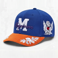 Casquette de baseball vintage rose personnalisée avec logo, visière en velours côtelé bleu, broderie 3D, lettres, chapeau de sport avec patch latéral ange pour hommes et femmes