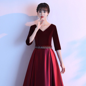 Women's Long Dress Burgundy V Neck Satin Evening Gown Stage Performance Costume For Hostess Choir Group - Product Image 2