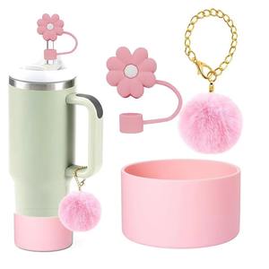 Juego de decoración de copa ecológica Ice Dominator, colgante de cadena de pompón Rosa bonito, manga de sombrero de paja de flor de 10mm para tazas - Product Image 6