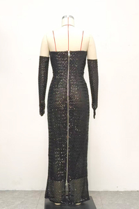 Vestido largo sexy de encaje con lentejuelas estilo europeo para mujer, con hombros descubiertos y top sin mangas ajustado, para ocasiones formales. - Product Image 6