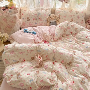 Màu hồng hoa hồng màu xanh kẹo Bow + Phim hoạt hình gấu thỏ mô hình dễ thương phong cách tấm ga trải giường thiết lập 4 miếng mềm máy có thể giặt vải Polyester - Product Image 3
