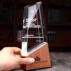 2023 Novo prêmio design com gravação a laser personalizada Cristal troféu com madeira base