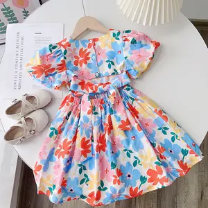 kids clothing backless floral printing girl's dress summer puff sleeved toddler girls short sleeves casual dresses for daily