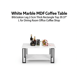 Tavolino da Caffè in MDF Effetto Marmo Bianco 100 cm con Gambe in Ferro Nero a 2 Livelli Moderno per Sala da Pranzo, Ufficio, Caffetteria - Product Image 1