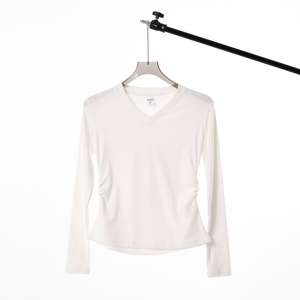 RUICHI Kaos Wanita Model Kerut Pinggang V-Neck Lengan Panjang 230g Baju Dasar dengan Lipatan Pinggang Atasan Sederhana Serbaguna - Product Image 5