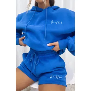 2024 Women Clothing Custom Logo Causal 2 Piece Shorts And Hoodie Jogger Set French Terry Cotton Hoodies Sweat Suits