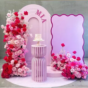 Customized Floral Wedding Backdrop Pink Artificial Flower Rows Floral Arch With Metal Frame