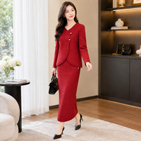 Ensemble jupe deux pièces en tricot rouge pour femme, col en V, style chinois, boutons grenouille, pull en laine, jupe crayon mi-longue
