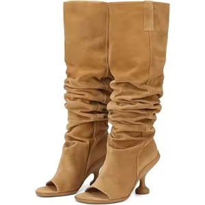 Bottes hautes au genou en <span class=keywords><strong>cuir</strong></span> PU de haute qualité avec logo personnalisé pour femmes chaussures ouvertes bottes à talons hauts et à bout rond - Product Image 1