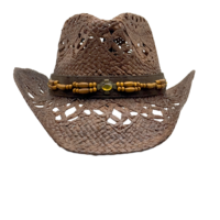 Chapeau de cowboy en paille marron foncé ajouré en gros |   Chapeaux de plage d'été personnalisés en bois et cuir pour femmes et hommes, parfaits pour les festivals et les fêtes