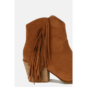 Beast Fashion Imported Caramel <b>Suede</b> Fringe <b>Point</b> <b>Toe</b> Mid <b>Heels</b> Ankle Boots in Stock - Product Image 2