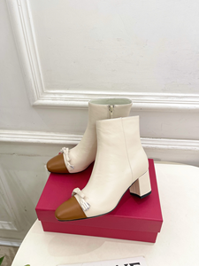 French square Toe Color Blocked Cow Leather Short <b>Boots</b> with Thick square Heel Bow Tie Commuting <b>Boots</b> for Women Autumn/winter - Product Image 3