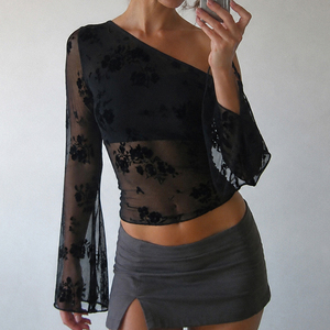 Flocked <b>Mesh</b> Printed Off Shoulder <b>Top</b>, Flare Sleeve Casual T Shirt, Lightweight Y2K Vintage Streetwear Fashion Blouse - Product Image 4