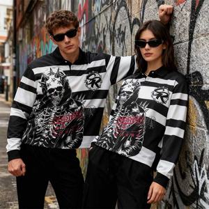 Nouvelle Arrivée Fournisseur Streetwear : Polo Homme Rayé à Manches Longues, Imprimé Numérique Crâne Halloween Personnalisé, Épaules Tombantes - Product Image 2