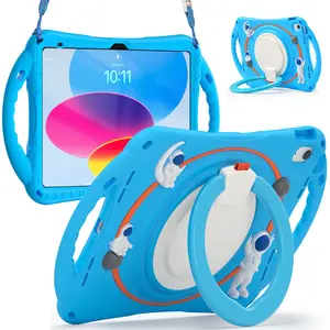 Cute 3D cartoon astronaut silicone case for iPad 10 gen tab 10.9 folding stand hanger rugged case with carry strap