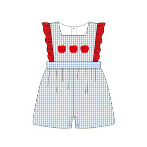 Robe de fille de retour à l'école avec broderie de pomme, jupe à carreaux bleue, robe de boutique - Product Image 3