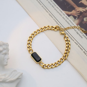 Hip Hop Style Black Square Zircon Bracelet Gold Chain 18k Titanium Steel Women's Jewelry Geometric Design - Product Image 1