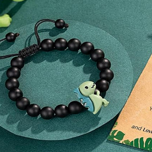 Grazioso braccialetto di ciondolo dinosauro in resina per bambini regolabile in pietra smerigliata nera con perline primo giorno di scuola braccialetti regali per ragazze ragazzi - Product Image 3