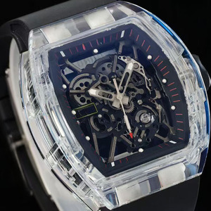 Montre-bracelet automatique mécanique pour homme, étanche, de qualité supérieure, avec mouvement squeletté de luxe, boîtier transparent et forme tonneau. - Product Image 2