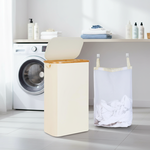 Cesto para Ropa Sucia con <span class=keywords><strong>Tapa</strong></span> de Bambú y Forro Extraíble, Cesto Minimalista Beige con <span class=keywords><strong>Tapa</strong></span> de Bambú para Hogar y Hotel - Product Image 4