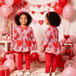 B16 FANCY MONKEY Nuevo Diseño Servicio OEM Algodón Impermeable Manga Larga Volantes Estilos de San Valentín Vestido de 2 Piezas Top Largo para Bebé - Product Image 5