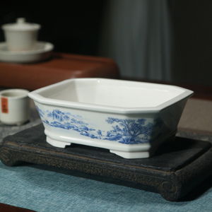 Pot à bonsaï rectangulaire en céramique, peint à la main, bleu et blanc, style paysage chinois, pour décoration de bureau - Product Image 2