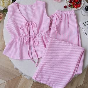 Atasan Tank Top Wanita Bergaris Kasual dengan Ikat Depan Serbaguna & Celana Panjang Longgar Kasual Set 2-Potong Fashion - Product Image 2