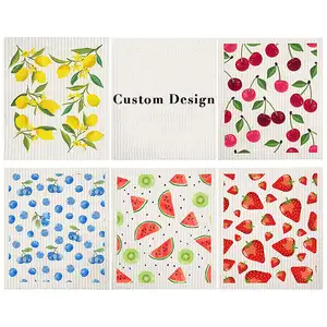 Eco-Friendly Custom Design Fruit Reusable Cellulose Cotton Dish Sponge Cloth Swedish Dishcloth For Kitchen