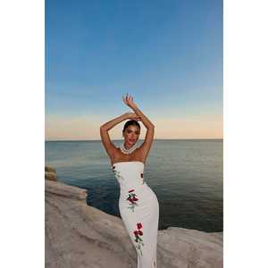 Vestido de Fiesta Blanco Onella con Cuello Alto, Mangas Cortas, Decoración Floral, Estilo Formal, Talla XS, Apto para Embarazadas - Product Image 1