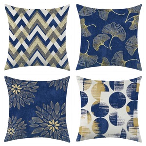 Housse de coussin carrée à motif géométrique bleu et or, décoration de salon, taie d'oreiller respirante - Product Image 1