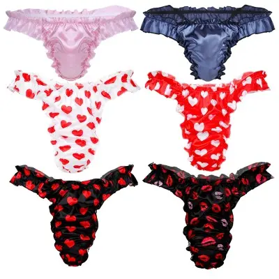 Men Lingerie Soft Shiny Ruffled Frilly Sissy Panties Bikini Briefs Thong Gay Mens Underwear Sexy Underpants