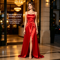 Nouvelle Robe de Soirée Longue Européenne et Américaine en Satin à Bretelles Fines, Fendue Haute, Dos Nu Croisé, Respirante et Élégante pour Femme
