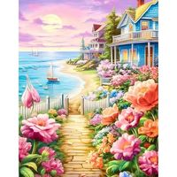 Kits de peinture diamant 5D Chenistory Beachfront Villa pour adultes, décoration murale pour la maison, art diamant paysage pour adultes, diamants ronds complets