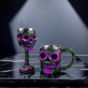 Tasse à bière sous vide en acier inoxydable, motif Tête de mort florale, effet 3D, design original et ludique, cadeau de fête, verre <span class=keywords><strong>rouge</strong></span> - Product Image 2