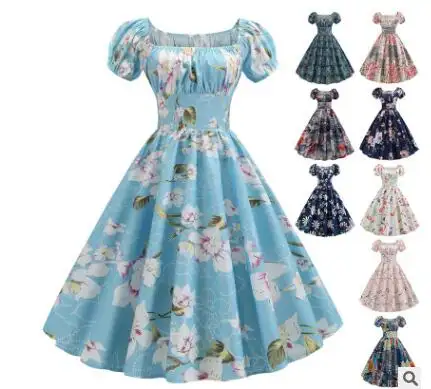 Kadınlar Vintage çiçekli baskılı yaz elbisesi puf kollu zarif A-line Midi parti elbise Robe 2019 şık Rockabilly Pinup Vestidos