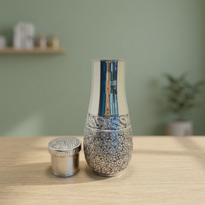 Premium Antique Silver Plated Bedside Carafe Jar 1500ml Embossed Floral Pattern Metal Water Carafe Luxury Wellness Drinkware <b>Set</b> - Product Image 2