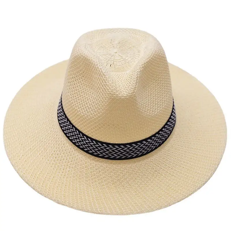 FY Simple Cowboy Men's Sun Hat Wide Brim Fedora Hat Belt Decorate Beach Straw Hat for Men UV Protection Cap