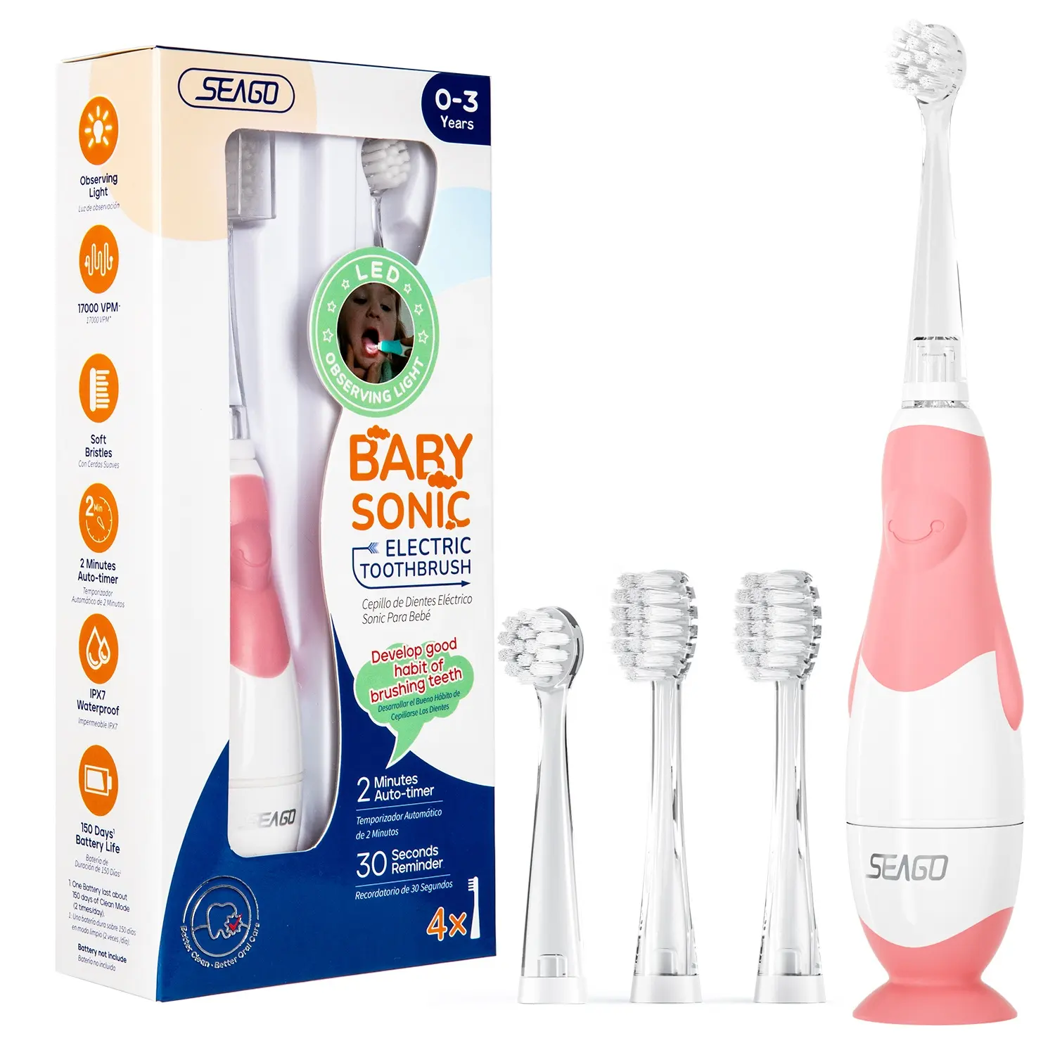 SEAGO-cepillo de dientes eléctrico SG513 para bebés, 4 cabezales, con luz LED y vibración suave, venta al por mayor