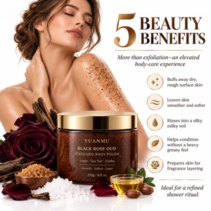 Gommage corporel exfoliant au sucre et au <span class=keywords><strong>sel</strong></span>, enrichi en jojoba, squalane et beurre de karité, parfum Oud Rose Noire, pour application en couches, marque privée OEM/ODM - Product Image 5